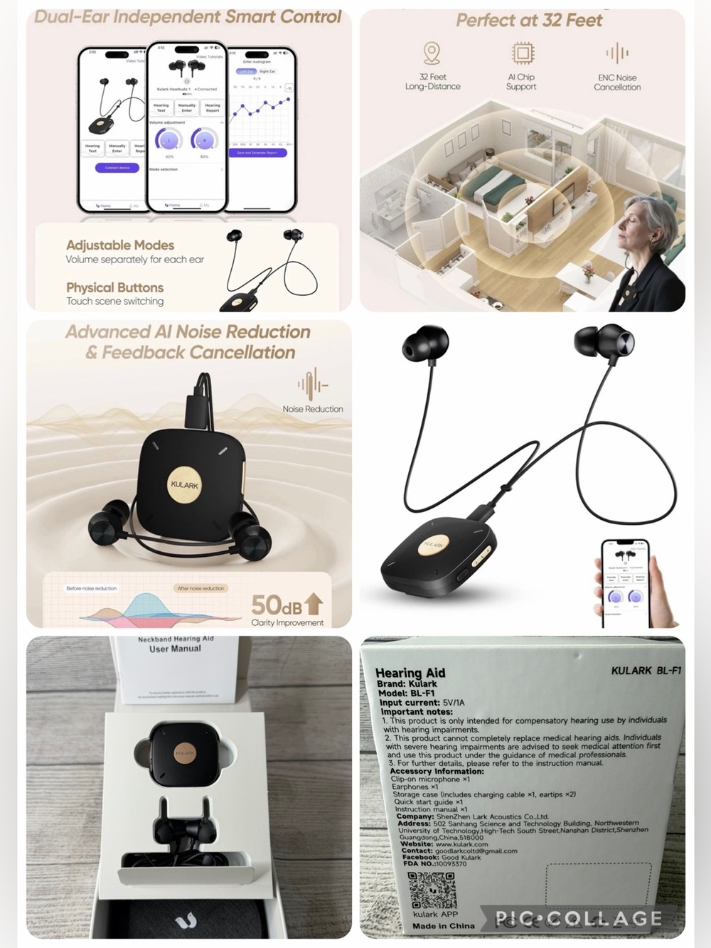 Kulark BL-F1 Neckband AI Clip-On Hearing Aid Bluetooth Rechargeable Brand New